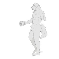 2023 abs absurd_res amputee animal_genitalia anthro balls beverage canid canine canis coffee coffee_mug disability domestic_dog ear_piercing facial_piercing feet folded_ears freckled_face freckles fructosed fur genitals greyscale hawthorn(fructosed) hi_res humanoid male mammal markings missing_arm monochrome muscular muscular_male nose_piercing nude pecs piercing scar septum_piercing sheath solo spots spotted_body tail