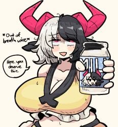 1girls animal_ears big_breasts breasts cleavage clothed_female cow_ears cow_girl doodle english_text horns light-skinned_female mature_female milk_bottle notnoe_(dxcl) red_eyes red_horns request solo solo_female talking_to_viewer text text_bubble touhou urumi_ushizaki white_background