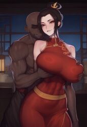 1boy 1girls abs ai_generated alternate_breast_size alternate_eye_color asura_(ai_style) avatar_legends avatar_the_last_airbender azula big_ass big_breasts big_butt big_nipples big_thighs black_hair breast_grab chinese_clothes dark-skinned_male dark_skin female fire_nation grabbing_breasts grabbing_from_behind holding_breast huge_ass huge_breasts huge_butt huge_nipples huge_thighs male male/female muscular muscular_female muscular_male red_eyes standing sweat wanuze white_body