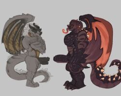 2_penises 3_heads anthro balls bayle_the_dread biceps big_penis claws crossed_arms digital_media_(artwork) diphallia diphallism dragon dragonlord_placidusax duo elden_ring erection fromsoftware gay genitals hair hi_res higgsfigs horn male male/male male_only membrane_(anatomy) membranous_wings multi_genitalia multi_head multi_penis muscular muscular_anthro muscular_male muscular_thighs nude pecs penis red_eyes scales scalie scar shadow_of_the_erdtree simple_background tail teeth thick_thighs tongue tongue_out triceps western_dragon wings yellow_eyes