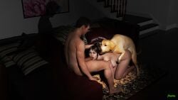 1animal 1boy 1girls ambiguous_penetration artist_name black_hair carpet doggy_style fellatio feral_on_female hand_on_another's_head indoors jaydog large_breasts large_penis night nude on_carpet on_floor sex sitting sofa threesome zoophilia