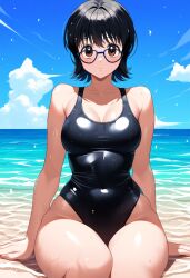 1girls ai_generated beach big_breasts black_hair breasts brown_eyes cleavage female female_focus female_only glasses hi_res highres human hunter_x_hunter large_breasts looking_at_viewer medium_breasts nai_diffusion narrow_waist pale-skinned_female pale_skin phantom_troupe rubycks shizuku_murasaki short_hair shounen_jump sitting solo solo_female solo_focus thick_thighs villainess wet wet_clothes wet_skin wide_hips