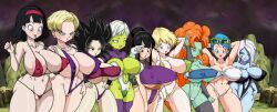 9girls android_18 bikini black_hair blonde_hair blue_hair bulma_briefs caulifla cheelai chichi dragon_ball dragon_ball_z erasa female_only goddess harem interspecies milf riffsandskulls saiyan tagme towa videl_(dragon_ball_super) white_hair zangya