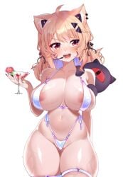 1girl :d ahoge animal_ears areola_slip areolae bangs bikini blonde_hair blush breasts cat_ears cat_tail catgirl cleavage collarbone covered_nipples cropped_legs cup drinking_glass drinking_straw eyebrows_visible_through_hair face_markings facial_mark fang fangs female hair_ornament heart holding holding_cup large_breasts long_hair looking_at_viewer micro_bikini navel open_mouth red_eyes see-through shiny shiny_skin skindentation smile solo squchan_(vtuber) stomach striped striped_bikini swimsuit thigh_strap thighhighs thighs vertical_stripes virtual_youtuber vyugen white_background white_bikini white_legwear