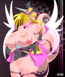 alternate_color big_breasts blonde_hair blush breasts chubby clothed clothing dark_magician_girl dragon female hair half-dressed hat horn pentagram pussy pussy_juice skirt skirt_lift solo tattoo transformation tribal_tattoo undressing wet_pussy yellow_eyes ymbk yu-gi-oh!