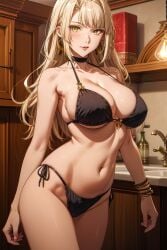 1female 1girls ai_generated belly_button black_bikini blonde_hair curvy_figure female large_ass large_breasts light-skinned_female lorraine_vivie mature_female midriff nozomanu_fushi_no_boukensha platinum6969