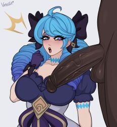 2020s 2024 big_balls big_penis blue_hair breasts dark-skinned_male dark_skin dress gwen_(league_of_legends) league_of_legends league_of_legends:_wild_rift light-skinned_female light_skin looking_at_penis looking_pleasured penis ponytail size_difference surprised vo1ette