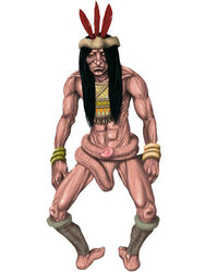 backwards_feet deity guarani_mythology humanoid hyper_penis kurupi long_hair male mythology native native_american native_american_headdress nude penis solo