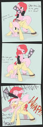 2013 blue_eyes blush bondage bound clothing comic cutie_mark domination dominatrix english_text equine female femdom fluttershy_(mlp) friendship_is_magic hair horse long_hair my_little_pony open_mouth pegasus pet pink_hair pinkie_pie_(mlp) plain_background pony smile spanking straight_hair tesslashy text tongue wings yellow_fur