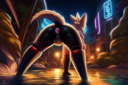 ai_generated anthro anus ass balls ballsack bent_over city city_background cybernetics diplive7 exposed exposed_ass femboy furry furry_robot male neon neon_lights robot robot_furry robotic silhouette sun sunlight tagme water