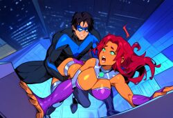 1boy ai_generated canon_couple city dc dc_comics dick_grayson female koriand'r male mullon nightwing novelai perspective starfire superhero superheroine