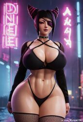 1girls ai_generated bikini black_hair breasts cleavage curvy curvy_figure eyepatch female fishnets goth goth_girl goth_mommy highleg hourglass_figure huge_breasts juri_han lips lipstick makeup minomixai nail_polish navel panties solo street_fighter thick_thighs thighhighs toned