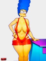 1girls ai_generated big_breasts blue_hair breasts female gary_(artist) hair_blue marge_simpson milf red_dress solo solo_female tagme the_simpsons thick_thighs white_background