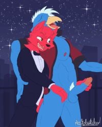 acetofurtuber animated anthro avian balcony big_penis bird black_tie_(suit) canid canine canis city cityscape closed_eyes clothing dang domestic_dog duo fah focus_on_penis from_back_position genitals half-closed_eyes hand_on_hip handjob internal internal_anal male male/male mammal narrowed_eyes night open_mouth penile penis pushing sex sex_in_clothing size_difference sky small_penis smile star starry_sky suit veil