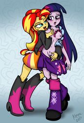 2013 2girls blush boots breast_grab breasts equestria_girls female female_only friendship_is_magic high_resolution human jacket killryde leather_jacket licking long_hair multicolored_hair multiple_girls my_little_pony nipple_licking nipples no_bra no_panties open_clothes open_mouth pubic_hair purple_eyes purple_skin pussy skirt standing sunset_shimmer teal_eyes twilight_sparkle unbuttoned yellow_skin yuri