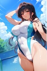 2d ai_generated big_breasts black_hair kotegawa_yui long_hair looking_at_viewer outdoors pool skindentation sky swimsuit tagme to_love-ru white_swimsuit