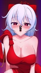 1girls bmkro bow breasts chocolate cleavage collarbone dress feathered_wings food food_in_mouth hairbow large_breasts looking_at_viewer pink_eyes purple_background red_bow red_dress sagume_kishin single_wing spider_lily star_(symbol) touhou touhou_lost_word upper_body white_hair