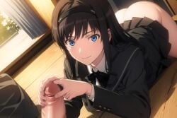 ai_generated amagami amagami_ss ass bare_ass blush censored_penis clothed_female clothed_female_nude_male grabbing_penis kagura_aiart laying_on_floor laying_on_ground laying_on_stomach morishima_haruka mosaic_censoring mosaic_censorship room school_uniform smiling sunset