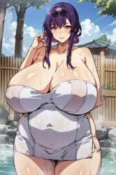 ai_generated bbw big_woman bigger_female breasts_bigger_than_head chubby_female fat fat_female fat_woman gigantic_breasts hair_bun honkai:_star_rail hot_spring huge_breasts huge_thighs kafka_(honkai:_star_rail) light-skinned_female light_skin looking_at_viewer massive_breasts mature_female milf purple_eyes purple_hair radiopopcorn smiling solo_female squatting sunglasses sunglasses_on_head thick_body thick_female thick_thighs thighs thighs_bigger_than_head towel towel_only voluptuous voluptuous_female