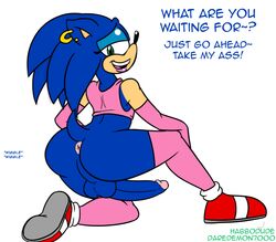 anthro anus ass balls bimbo blue_hair color daredemon7000 ear_piercing english_text erection femboy feminine_male fur furry green_eyes habbodude hair hedgehog inviting looking_at_viewer looking_back male male_only penis piercing seductive sega smile solo sonic_(series) sonic_the_hedgehog text