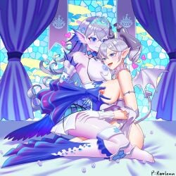 2girls absurdres aquarium barefoot bed blue_eyes blush breasts curtains demon_girl demon_horns demon_tail demon_wings detached_sleeves diadem duel_monster fins gloves grabbing grabbing_another's_breast grey_eyes grey_hair head_fins heart highres horns indoors kitkallos_(yu-gi-oh!) lactation large_breasts long_hair looking_at_another lovely_labrynth_of_the_silver_castle multiple_girls nipples on_bed open_mouth pointy_ears rare_lemon skirt smile tail tearlaments_kitkallos wings yu-gi-oh! yuri