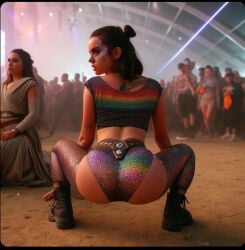 ai_generated ass_focus big_ass celebrity daisy_ridley dall-e3 looking_back makeup pride_colors rainbow_clothing real_person rey squatting star_wars twerking
