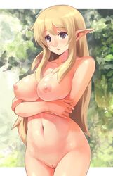 blonde_hair blush breasts character_request color ears elf exposed_breasts eyes female female_only front_view hair long_hair macho_edamatsu navel nipples nude open_eyes pointy_ears pussy solo source_request standing uncensored vulva