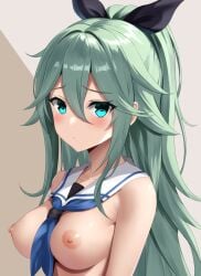 aqua_hair asanagi_shion black_ribbon blue_eyes blue_necktie breasts closed_mouth female female_only hair_intakes hair_ribbon highres kantai_collection long_hair looking_at_viewer medium_breasts necktie nipples nude ponytail ribbon sailor_collar simple_background solo solo_female underboob white_sailor_collar yamakaze_(kantai_collection)