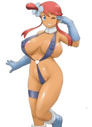 1girls areola_slip areolae barely_clothed big_breasts blue_eyes blush breasts female huge_breasts large_breasts nintendo nipple_bulge nipples_visible_through_clothing pokemon pokemon_bw red_hair skyla_(pokemon) sling_bikini slingshot_swimsuit solo solo_female tan-skinned_female tan_skin thick_thighs thighs tof wink