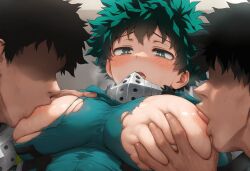 ai_generated aru_(pixiv1293902) big_moobs big_pecs gay hero_outfit_(mha) huge_moobs huge_pecs izuku_midoriya large_pectorals male male/male male_focus male_only moobs muscular muscular_male my_hero_academia nipple_play pecs pectorals sucking sucking_nipples yaoi