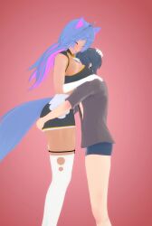 1boy 1girls 3d big_breasts cat_ears cat_tail catgirl closed_eyes deluxe_rosie elbow_gloves female fully_clothed gloves hands_on_ass head_between_breasts hugging indie_virtual_youtuber male multicolored_hair rosie_(vtuber) smaller_male taller_girl thighhighs tight_clothing virtual_youtuber wholesome