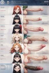 ai_generated black_hair black_penis erect_penis futa_only futanari large_penis mature_female orange_hair original_character penis_chart penis_comparison penis_under_clothes platinum6969 red_hair small_penis