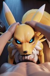 3d ai_generated angry angry_fellatio anthro black_lipstick blowjob breasts digimon digimon_(species) fellatio female furry furrypornaddiction hands_on_head human human_on_anthro lipstick looking_at_viewer male male/female muscular muscular_male neck_tuft pov pov_blowjob pubes renamon sweat sweaty
