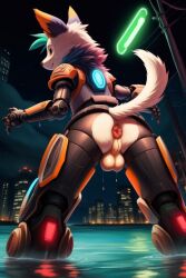 ai_generated anthro anus ass balls ballsack city city_background clouds cybernetics diplive7 dripping femboy flood flooded flooding fox furry furry_robot futuristic male neon neon_lights night penis river robot robot_furry robotic tagme water