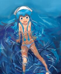 1girls artist_request blue_eyes blue_hair female ikamusume long_hair ocean panties partially_submerged shinryaku!_ikamusume sitting small_breasts smile solo sweat water