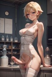 1futa ai_generated arm_support balls blonde_hair bottomless bottomless_futanari breasts breasts_covered collared_shirt cowboy_shot cum cum_dripping_from_penis cum_on_penis dark_cultist dickgirl erect_penis erection futa_only futa_sans_pussy futanari garter_belt garter_straps harness indoors laboratory looking_at_viewer medium_breasts navel nipples no_panties partially_clothed penis self_upload short_hair smile solo solo_futa standing thighhighs thighs white_shirt white_thighhighs