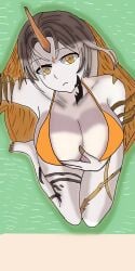 1girls alternate_costume bare_legs bikini blonde_hair breasts cleavage dragon-crow female female_only fire_emblem fire_emblem_heroes grey_hair gullveig_(fire_emblem) hand_in_another's_clothes kneeling large_breasts legs long_hair looking_at_viewer looking_up multicolored_hair nail_polish nintendo orange_bikini orange_swimsuit sideboob single_horn solo swimsuit yellow_eyes yellow_hair yellow_nails