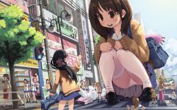 16girls artist_request backpack black_hair brown_hair giantess multiple_girls panties school_uniform size_difference squatting street upskirt