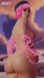 ass beanie beanie_only big_ass big_breasts breasts completely_nude completely_nude_female female female_only fortnite glowing_hair glowing_markings looking_back looking_back_at_viewer moby_(artist) nitebeam_(fortnite) nude nude_female outdoors outside shiny shiny_skin solo solo_female tattoo tattoos