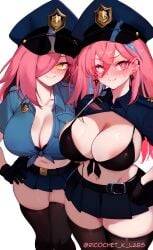 2girls ai_generated big_breasts blush breasts emikukis latam_virtual_youtuber long_hair multicolored_hair multiple_girls neneefthy nipples nipples_visible_through_clothing pink_hair police police_uniform ricochetk socks tagme text thighs virtual_youtuber vtuber white_background