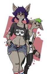 1boy 1girls :< anthro artist_name artist_signature black_nails blush chains clothed couple crop_top demon_tattoo dyedhair ears_down ears_up eyebrow_piercing feline female furry green_hair grey_body grey_fur hand_on_hip high_leg_thong high_thong jeans_shorts legs_together looking_at_viewer male mammal medium_hair midriff ok_sign open_shorts piercing pubic_tattoo punk purple_hair scraped_knee short_hair short_shorts skull skull_shirt skull_symbol small_breasts spiked_bracelet standing standing_behind suggestive tank_top tattoo tattoos text thin_waist thong torn_clothes torn_legwear vimneib visible_bra white_background white_eyes white_tank_top