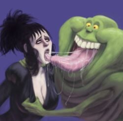 1boy 1girls after_kiss ahegao beetlejuice french_kiss ghost ghostbusters goth goth_girl kissing lydia_deetz orgasm_from_kissing putricia saliva saliva_drip saliva_string saliva_trail slimer spit_trail ugly_bastard ugly_man