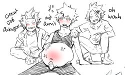 3boys belly belly_inflation big_belly blishythebishie bloated bloated_belly denki_kaminari dialogue eijirou_kirishima erection inflation katsuki_bakugou male male_only my_hero_academia penis text