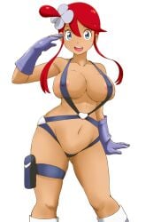 1girls areola_slip areolae ass ass_visible_through_thighs barely_clothed big_breasts blue_eyes blush breasts female huge_breasts large_breasts nintendo nipple_bulge nipples_visible_through_clothing pokemon pokemon_bw red_hair skyla_(pokemon) sling_bikini slingshot_swimsuit solo solo_female tan-skinned_female tan_skin thick_thighs thighs tof