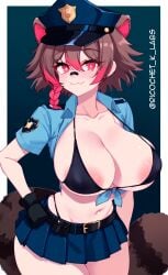 1girls ai_generated big_breasts blush breasts brown_hair kemonomimi latam_virtual_youtuber miniskirt multicolored_hair nipples nipples_visible_through_clothing police police_uniform raccoon_girl rakkun red_hair ricochetk short_hair skirt solo_female tagme text thighs underwear virtual_youtuber vtuber