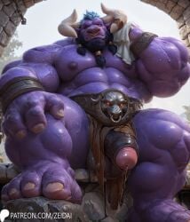 3_fingers ai_generated alistar belt big_muscles bracers holding_towel horn_ring ineffective_clothing league_of_legends leaking_precum loincloth_aside looking_at_viewer low_angle_view nose_ring sitting spread_legs step_pose sweat zeid_(director)