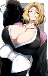 1boy 1girls big_breasts bleach bleach:_the_thousand-year_blood_war blonde_hair blue_eyes breasts breasts_bigger_than_head cleavage female female_focus gin_moku huge_breasts kon light-skinned_female light_skin male matsumoto_rangiku short_hair smile thick_thighs thighs voluptuous wide_hips