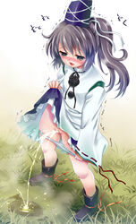 blush boots female hat long_hair mononobe_no_futo motatei open_mouth panties panty_pull peeing pussy skirt_lift solo spread_legs standing sweat thighs tongue touhou uncensored white_panties