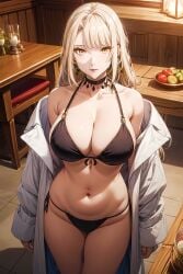 ai_generated belly belly_button bikini black_bikini blonde_hair female female_focus labcoat large_breasts lorraine_vivie midriff navel nozomanu_fushi_no_boukensha platinum6969