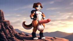 abs ai_generated anthro anthro_only backpack bernese_mountain_dog blue_eyes casual casual_erection casual_nudity climbing_boots cub cute erection fingerless_gloves hands_on_hips hiking hyper looking_at_viewer mountain mountainous_horizon muscular muscular_male muscular_thighs nai_diffusion nonchalant nude nude_male outdoors pectorals small_but_hung small_but_hyper solo solo_male standing sunrise sweaty sweaty_body thick_thighs toeless_legwear veiny_penis veiny_testicles wide wide_hips young young_boy